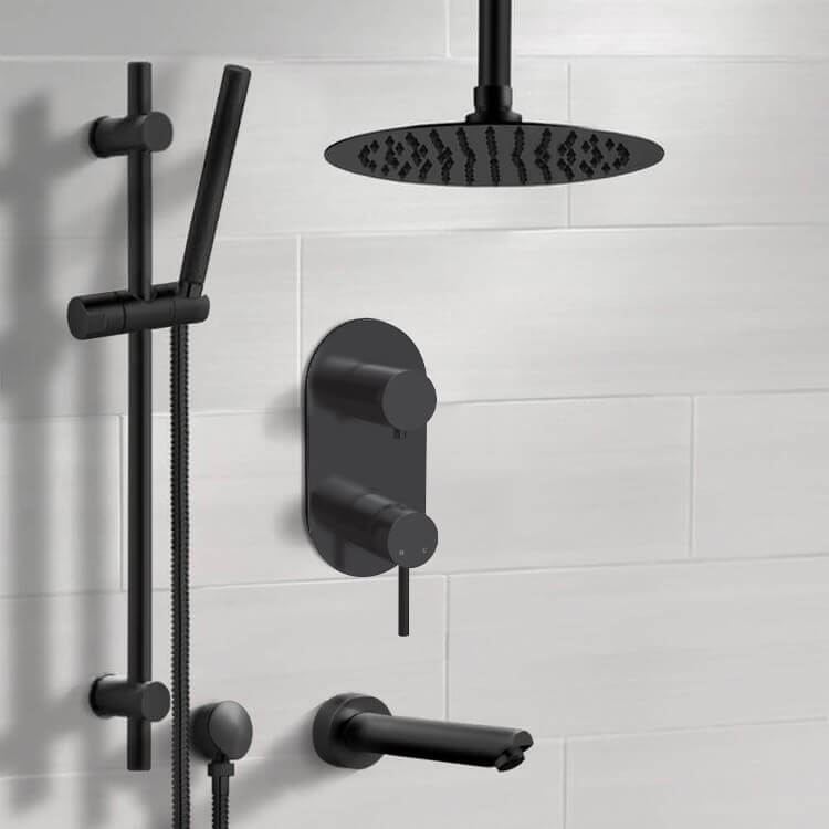 Remer TSR69-10 Matte Black Tub and Shower Set With 10 Inch Rain Ceiling Shower Head and Hand Shower